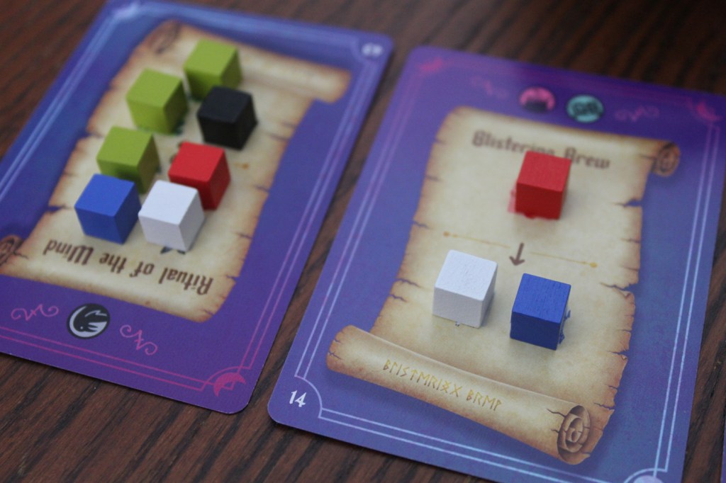 Whirling Witchcraft recipe cards filled with ingredient cubes