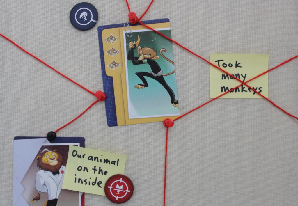 Evidence board full of red string to deduce the agent's identity in Animals in Espionage