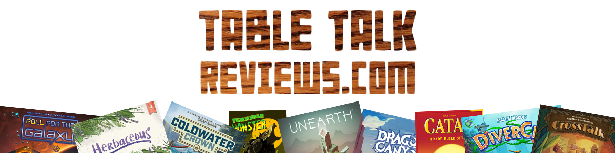 Table Talk Reviews logo above board game boxes including Catan, Roll for the Galaxy, Unearth, and others.